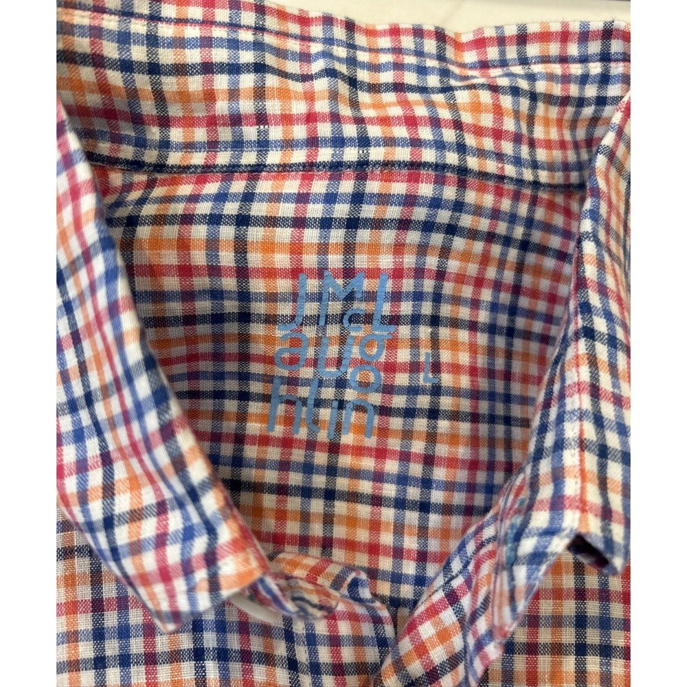 J. McLaughlin Men's Large Linen Blend Button Down Shirt Multi Color Plaid Preppy - Picture 3 of 7